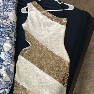 One shoulder gold and white sequin dress